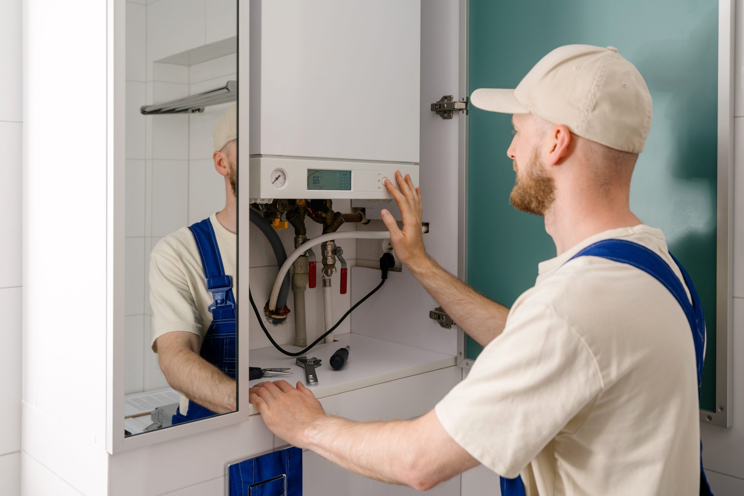 A,Repairman,Checks,A,Gas,Boiler,In,A,Modern,Bathroom. technician inspecting a residential boiler system